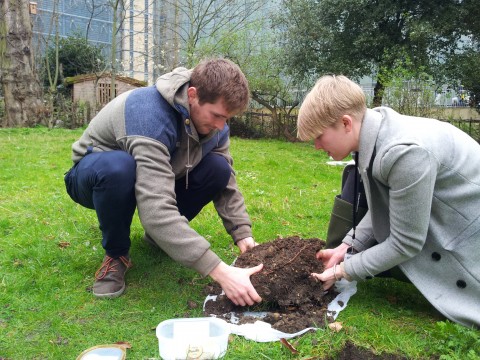 Vicki Shennan taking part in Earthworm Watch in The Natural History Museum's Wildlife Garden